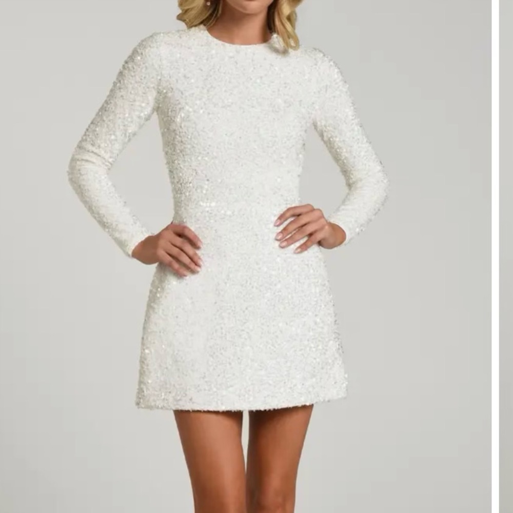 White Sequin Long Sleeve Mini Dress